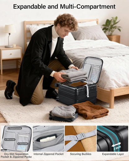 16 Inch Expandable Under Seat Luggage with Wheels Top Opening Small Suitcase with Wheels Carry On Luggage Airline Approved Lightweight Hard Shell Suitcases for Weekender Overnight-Caribbean Blue