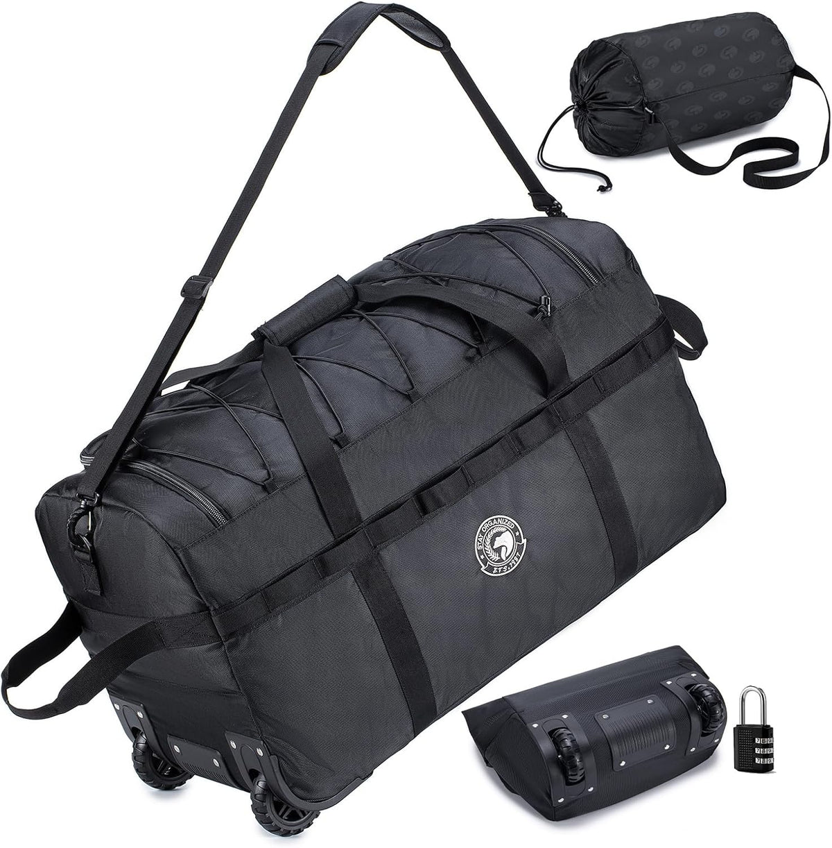 Foldable Travel Duffle Bag with Wheels and Handle Large 100L XL Rolling Travelling Duffel Bags Waterproof Oxford Carry On Hand Luggage Deployment Bag With Storage Bag & Combination Padlock