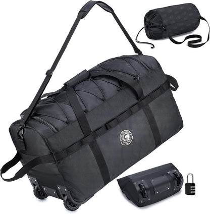 Foldable Travel Duffle Bag with Wheels and Handle Large 100L XL Rolling Travelling Duffel Bags Waterproof Oxford Carry On Hand Luggage Deployment Bag With Storage Bag & Combination Padlock