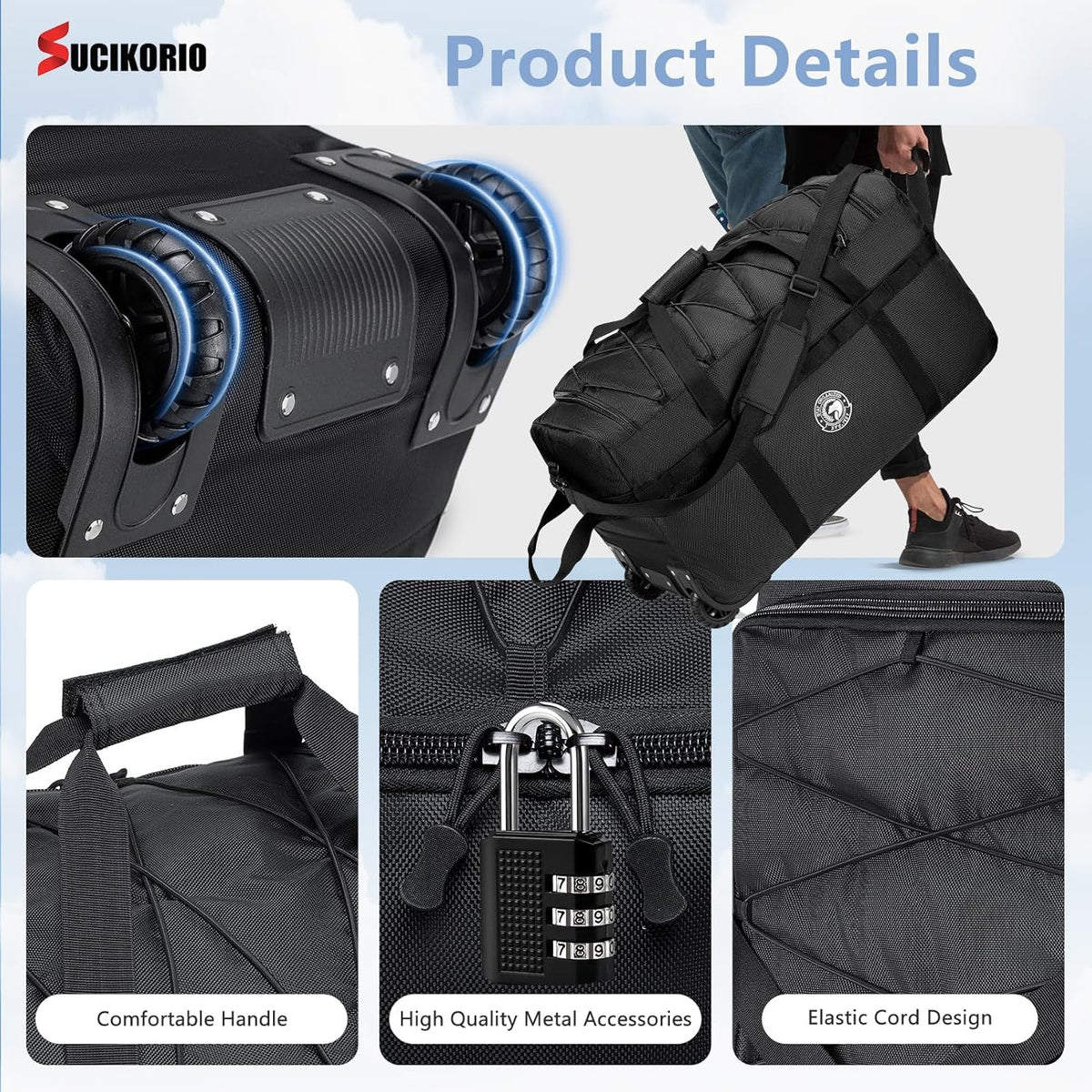 Foldable Travel Duffle Bag with Wheels and Handle Large 100L XL Rolling Travelling Duffel Bags Waterproof Oxford Carry On Hand Luggage Deployment Bag With Storage Bag & Combination Padlock