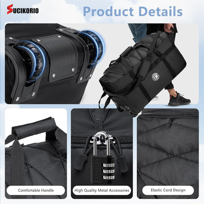 Foldable Travel Duffle Bag with Wheels and Handle Large 100L XL Rolling Travelling Duffel Bags Waterproof Oxford Carry On Hand Luggage Deployment Bag With Storage Bag & Combination Padlock