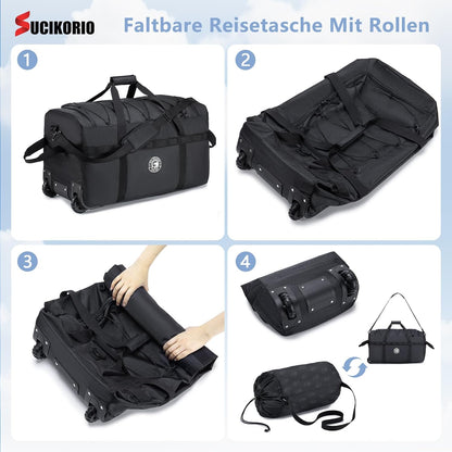 Foldable Travel Duffle Bag with Wheels and Handle Large 100L XL Rolling Travelling Duffel Bags Waterproof Oxford Carry On Hand Luggage Deployment Bag With Storage Bag & Combination Padlock