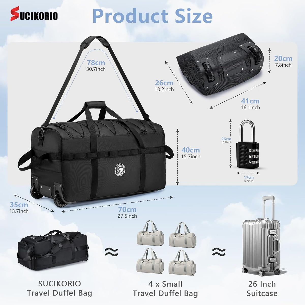 Foldable Travel Duffle Bag with Wheels and Handle Large 100L XL Rolling Travelling Duffel Bags Waterproof Oxford Carry On Hand Luggage Deployment Bag With Storage Bag & Combination Padlock