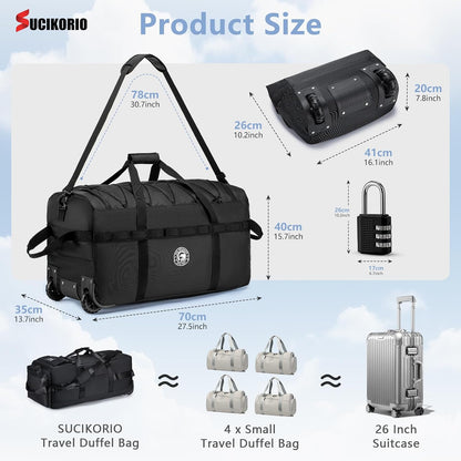 Foldable Travel Duffle Bag with Wheels and Handle Large 100L XL Rolling Travelling Duffel Bags Waterproof Oxford Carry On Hand Luggage Deployment Bag With Storage Bag & Combination Padlock