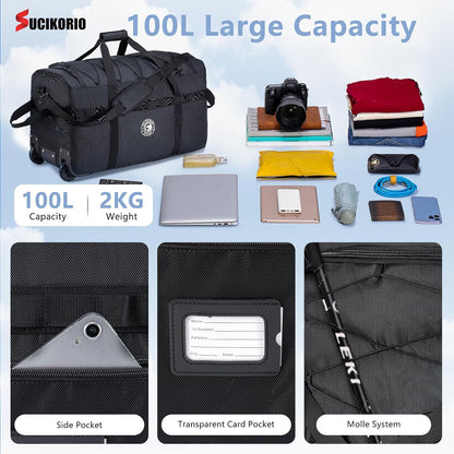 Foldable Travel Duffle Bag with Wheels and Handle Large 100L XL Rolling Travelling Duffel Bags Waterproof Oxford Carry On Hand Luggage Deployment Bag With Storage Bag & Combination Padlock