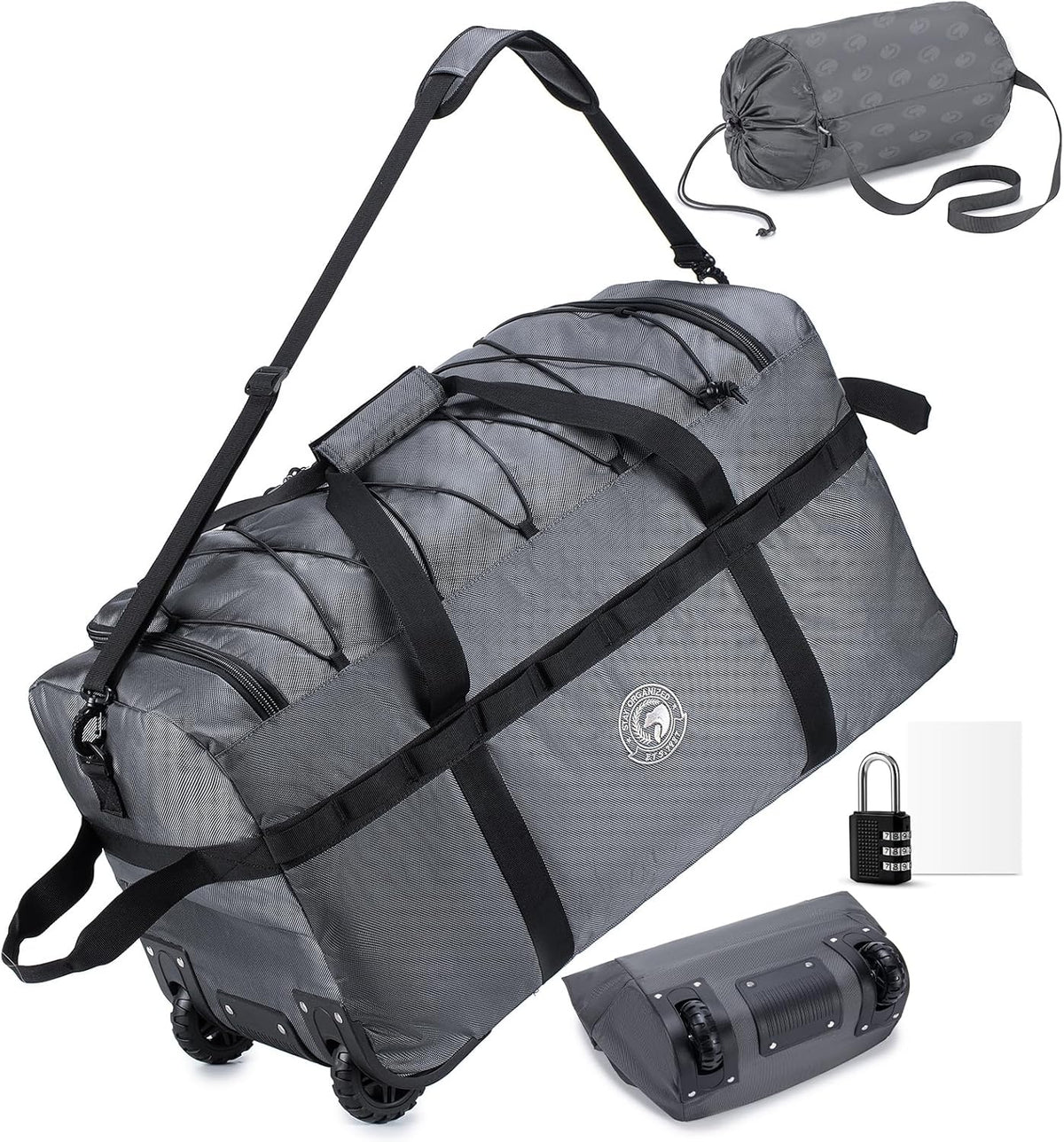Foldable Travel Duffle Bag with Wheels and Handle Large 100L XL Rolling Travelling Duffel Bags Waterproof Oxford Carry On Hand Luggage Deployment Bag With Storage Bag & Combination Padlock