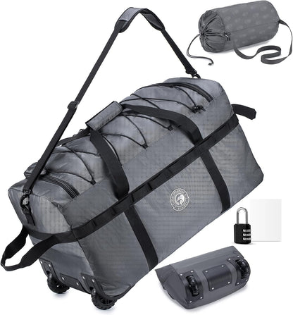 Foldable Travel Duffle Bag with Wheels and Handle Large 100L XL Rolling Travelling Duffel Bags Waterproof Oxford Carry On Hand Luggage Deployment Bag With Storage Bag & Combination Padlock