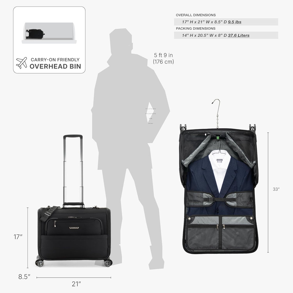 Carry-On Softside 8-Wheeled Spinner Garment Bag Luggage, Black, 21-Inch