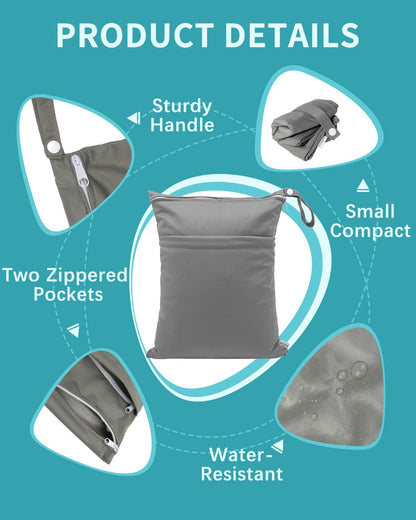 Wet Dry Bags 3 Pack, Waterproof Reusable Travel Bags for Swimsuits, Baby Cloth Diapers, Beach, Pool, Gym Bag & Wet Clothes with 2 Pockets L-BWG - Colors A