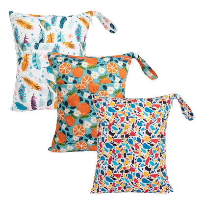 Wet Dry Bags 3 Pack, Waterproof Reusable Travel Bags for Swimsuits, Baby Cloth Diapers, Beach, Pool, Gym Bag & Wet Clothes with 2 Pockets L-BWG - Colors A