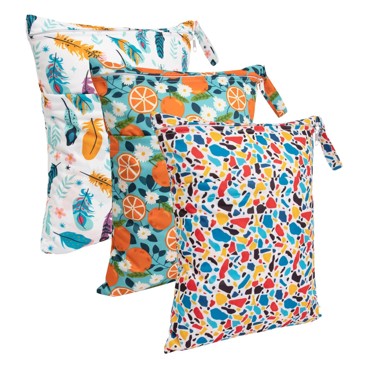 Wet Dry Bags 3 Pack, Waterproof Reusable Travel Bags for Swimsuits, Baby Cloth Diapers, Beach, Pool, Gym Bag & Wet Clothes with 2 Pockets L-BWG - Colors A