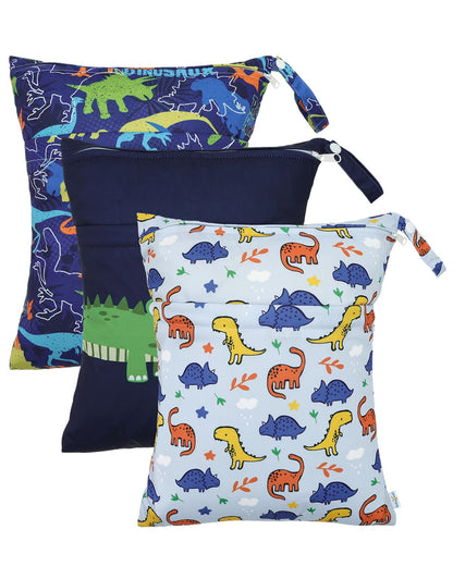 Wet Dry Bags 3 Pack, Waterproof Reusable Travel Bags for Swimsuits, Baby Cloth Diapers, Beach, Pool, Gym Bag & Wet Clothes with 2 Pockets L-BWG - Colors A