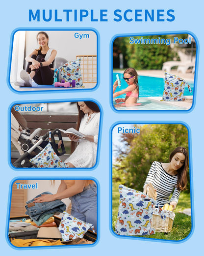 Wet Dry Bags 3 Pack, Waterproof Reusable Travel Bags for Swimsuits, Baby Cloth Diapers, Beach, Pool, Gym Bag & Wet Clothes with 2 Pockets L-BWG - Colors A