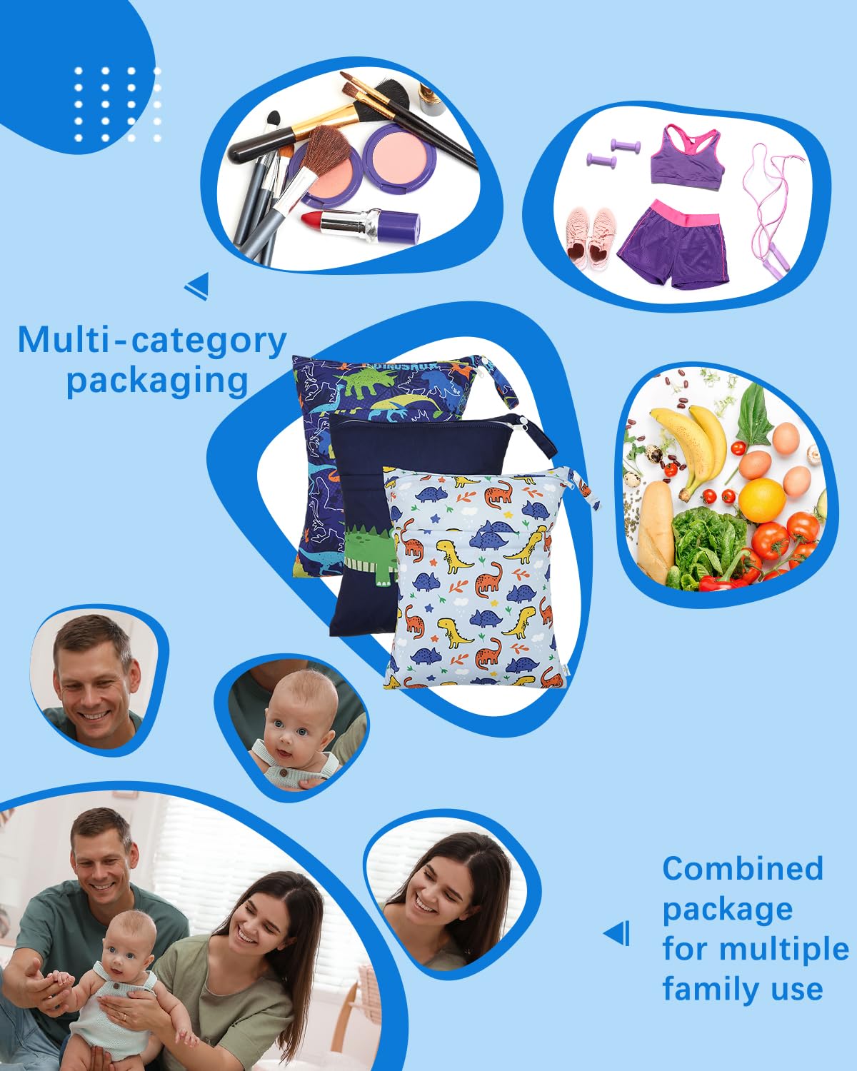 Wet Dry Bags 3 Pack, Waterproof Reusable Travel Bags for Swimsuits, Baby Cloth Diapers, Beach, Pool, Gym Bag & Wet Clothes with 2 Pockets L-BWG - Colors A