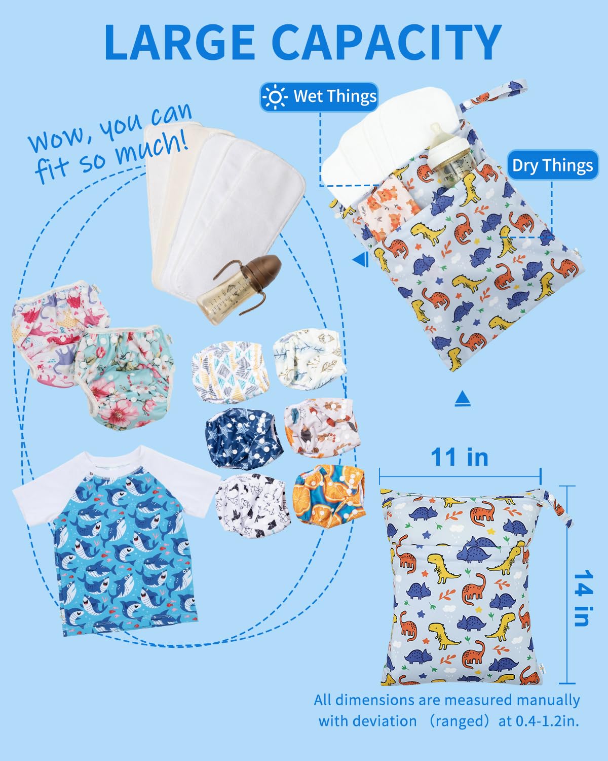 Wet Dry Bags 3 Pack, Waterproof Reusable Travel Bags for Swimsuits, Baby Cloth Diapers, Beach, Pool, Gym Bag & Wet Clothes with 2 Pockets L-BWG - Colors A