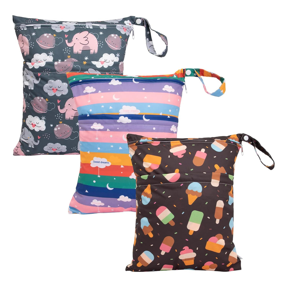 Wet Dry Bags 3 Pack, Waterproof Reusable Travel Bags for Swimsuits, Baby Cloth Diapers, Beach, Pool, Gym Bag & Wet Clothes with 2 Pockets L-BWG - Colors A
