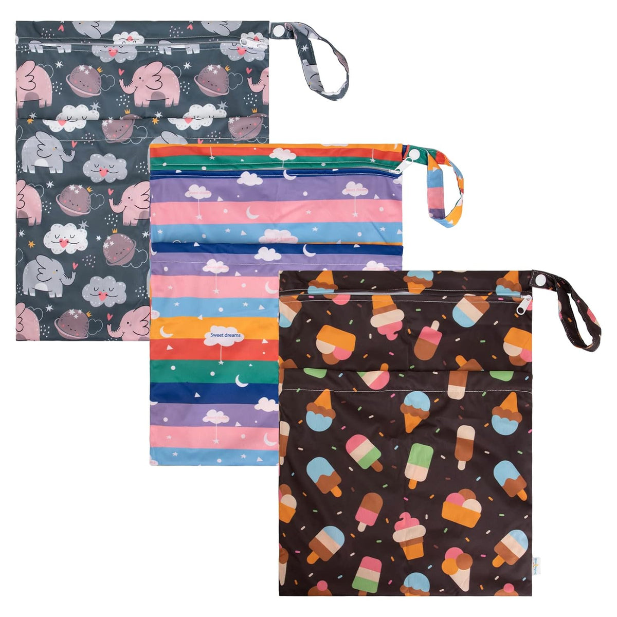 Wet Dry Bags 3 Pack, Waterproof Reusable Travel Bags for Swimsuits, Baby Cloth Diapers, Beach, Pool, Gym Bag & Wet Clothes with 2 Pockets L-BWG - Colors A