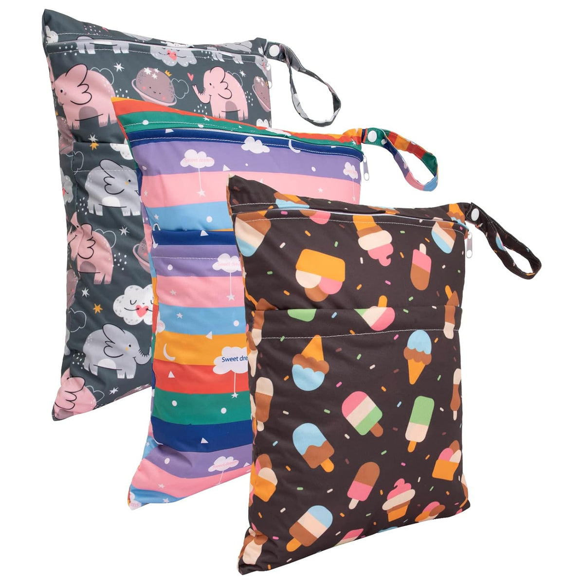 Wet Dry Bags 3 Pack, Waterproof Reusable Travel Bags for Swimsuits, Baby Cloth Diapers, Beach, Pool, Gym Bag & Wet Clothes with 2 Pockets L-BWG - Colors A