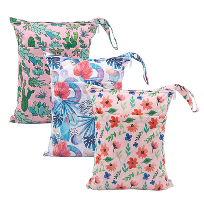 Wet Dry Bags 3 Pack, Waterproof Reusable Travel Bags for Swimsuits, Baby Cloth Diapers, Beach, Pool, Gym Bag & Wet Clothes with 2 Pockets L-BWG - Colors A