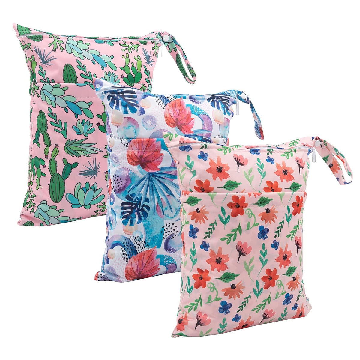 Wet Dry Bags 3 Pack, Waterproof Reusable Travel Bags for Swimsuits, Baby Cloth Diapers, Beach, Pool, Gym Bag & Wet Clothes with 2 Pockets L-BWG - Colors A
