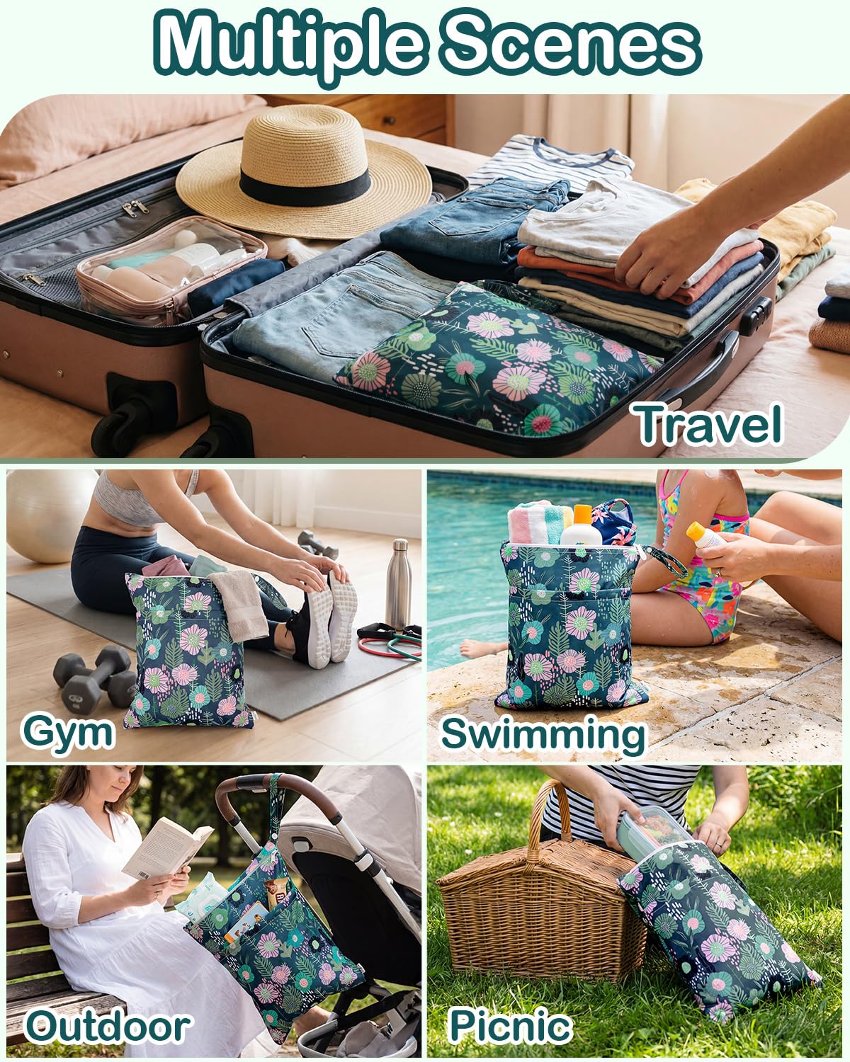 Wet Dry Bags 3 Pack, Waterproof Reusable Travel Bags for Swimsuits, Baby Cloth Diapers, Beach, Pool, Gym Bag & Wet Clothes with 2 Pockets L-BWG - Colors A