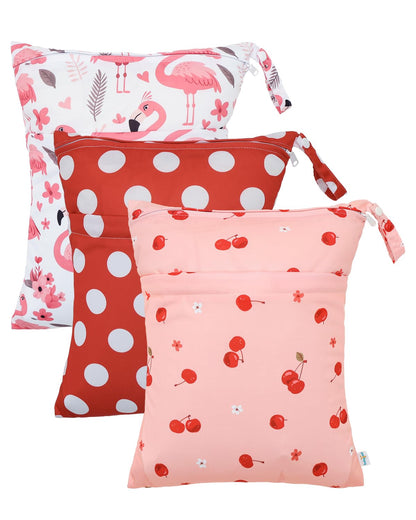 Wet Dry Bags 3 Pack, Waterproof Reusable Travel Bags for Swimsuits, Baby Cloth Diapers, Beach, Pool, Gym Bag & Wet Clothes with 2 Pockets L-BWG - Colors A