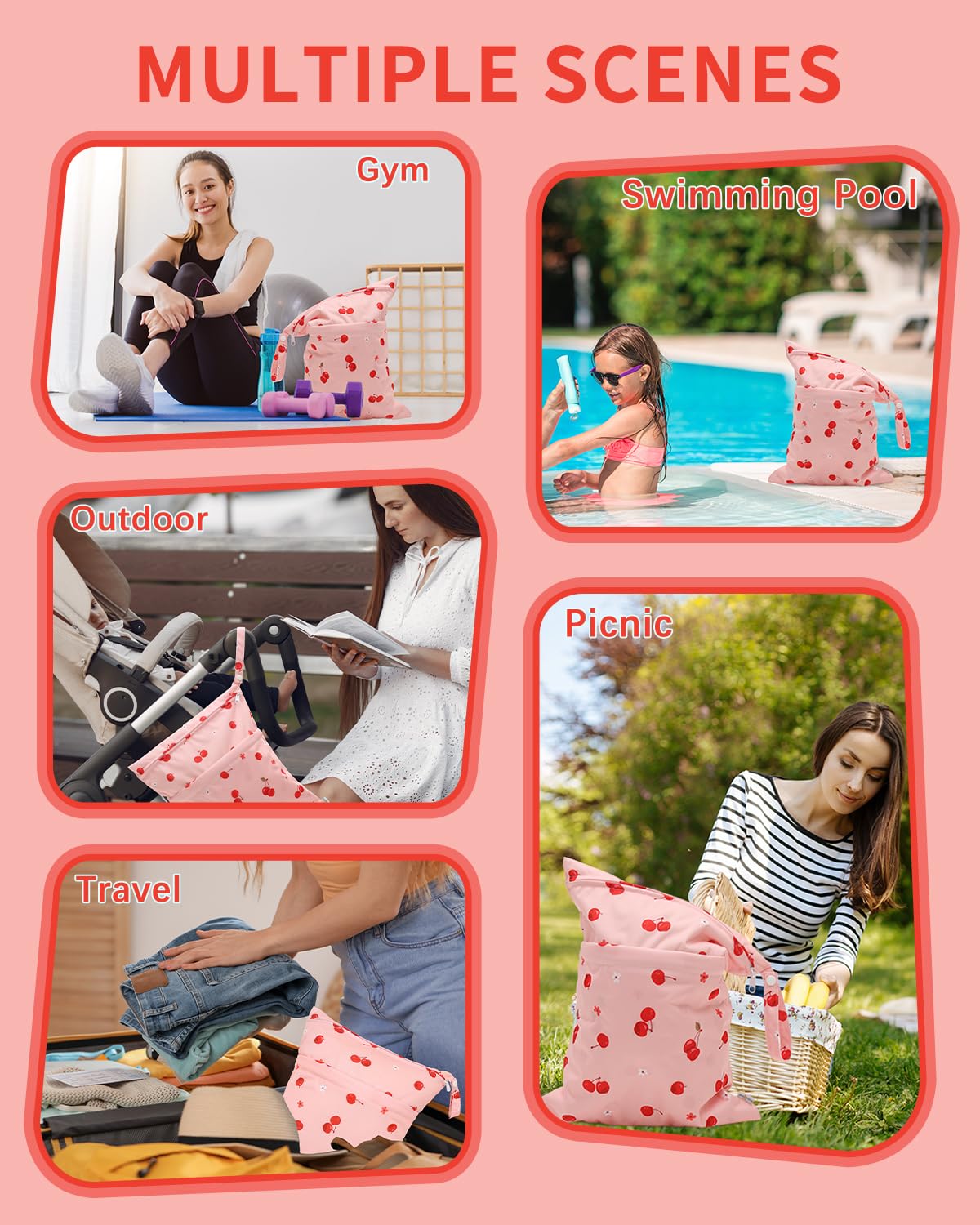 Wet Dry Bags 3 Pack, Waterproof Reusable Travel Bags for Swimsuits, Baby Cloth Diapers, Beach, Pool, Gym Bag & Wet Clothes with 2 Pockets L-BWG - Colors A