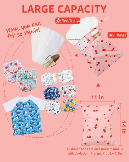 Wet Dry Bags 3 Pack, Waterproof Reusable Travel Bags for Swimsuits, Baby Cloth Diapers, Beach, Pool, Gym Bag & Wet Clothes with 2 Pockets L-BWG - Colors A
