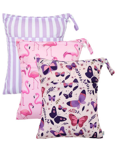 Wet Dry Bags 3 Pack, Waterproof Reusable Travel Bags for Swimsuits, Baby Cloth Diapers, Beach, Pool, Gym Bag & Wet Clothes with 2 Pockets L-BWG - Colors A