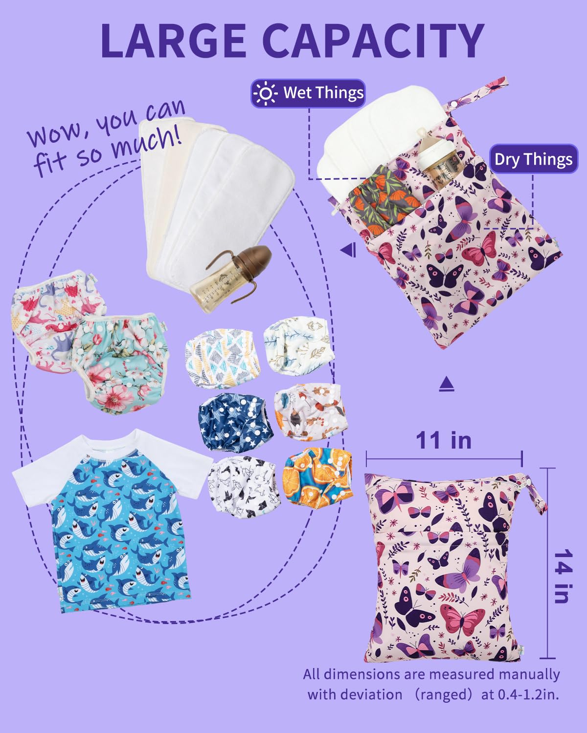 Wet Dry Bags 3 Pack, Waterproof Reusable Travel Bags for Swimsuits, Baby Cloth Diapers, Beach, Pool, Gym Bag & Wet Clothes with 2 Pockets L-BWG - Colors A