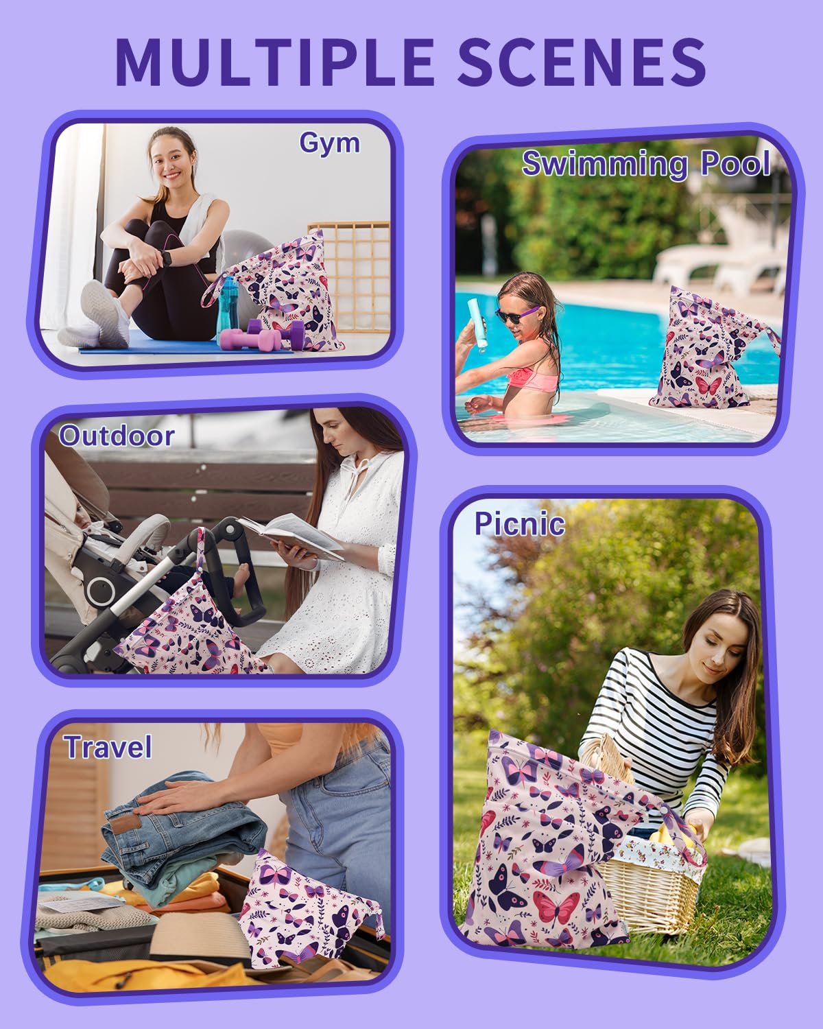 Wet Dry Bags 3 Pack, Waterproof Reusable Travel Bags for Swimsuits, Baby Cloth Diapers, Beach, Pool, Gym Bag & Wet Clothes with 2 Pockets L-BWG - Colors A