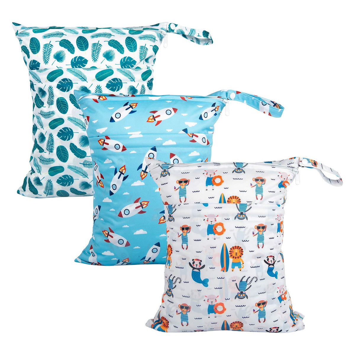 Wet Dry Bags 3 Pack, Waterproof Reusable Travel Bags for Swimsuits, Baby Cloth Diapers, Beach, Pool, Gym Bag & Wet Clothes with 2 Pockets L-BWG - Colors A