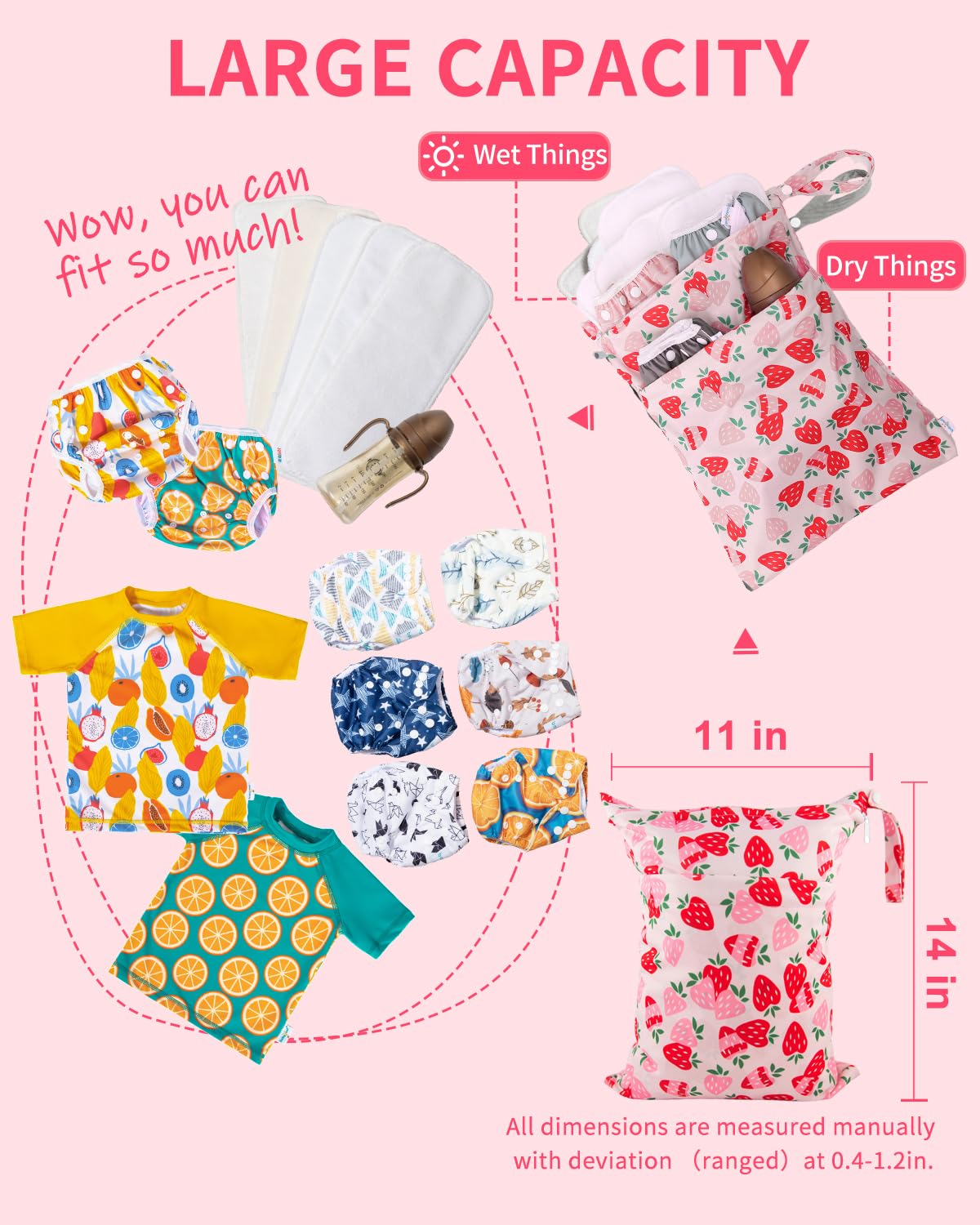 Wet Dry Bags 3 Pack, Waterproof Reusable Travel Bags for Swimsuits, Baby Cloth Diapers, Beach, Pool, Gym Bag & Wet Clothes with 2 Pockets L-BWG - Colors A