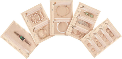 Travel Jewelry Organizer Case, Portable Jewelry Storage Book Portfolio Binder with Zipper Velvet Pouch for Women -Beige