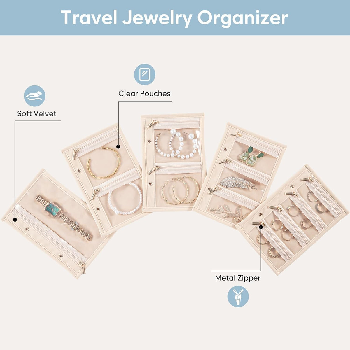 Travel Jewelry Organizer Case, Portable Jewelry Storage Book Portfolio Binder with Zipper Velvet Pouch for Women -Beige