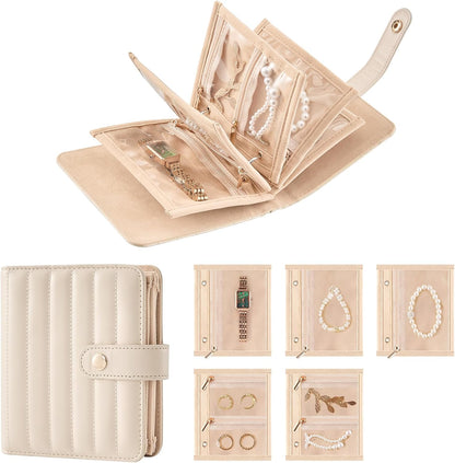 Travel Jewelry Organizer Case, Portable Jewelry Storage Book Portfolio Binder with Zipper Velvet Pouch for Women -Beige