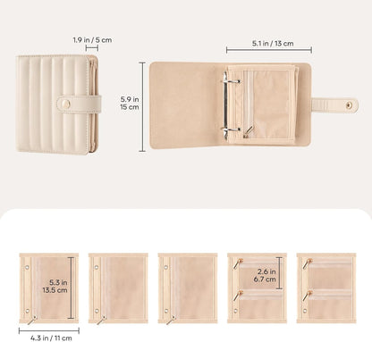 Travel Jewelry Organizer Case, Portable Jewelry Storage Book Portfolio Binder with Zipper Velvet Pouch for Women -Beige