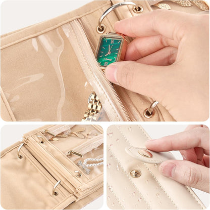Travel Jewelry Organizer Case, Portable Jewelry Storage Book Portfolio Binder with Zipper Velvet Pouch for Women -Beige