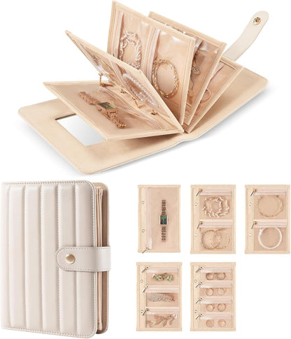 Travel Jewelry Organizer Case, Portable Jewelry Storage Book Portfolio Binder with Zipper Velvet Pouch for Women -Beige