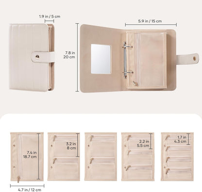 Travel Jewelry Organizer Case, Portable Jewelry Storage Book Portfolio Binder with Zipper Velvet Pouch for Women -Beige