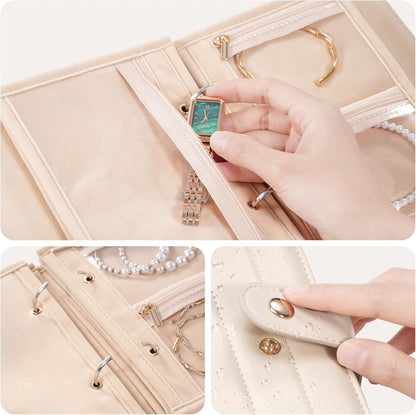 Travel Jewelry Organizer Case, Portable Jewelry Storage Book Portfolio Binder with Zipper Velvet Pouch for Women -Beige