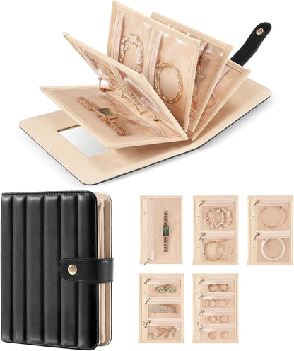 Travel Jewelry Organizer Case, Portable Jewelry Storage Book Portfolio Binder with Zipper Velvet Pouch for Women -Beige