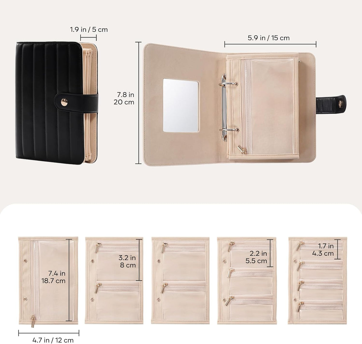 Travel Jewelry Organizer Case, Portable Jewelry Storage Book Portfolio Binder with Zipper Velvet Pouch for Women -Beige