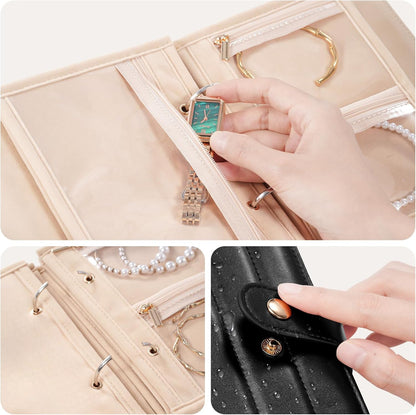 Travel Jewelry Organizer Case, Portable Jewelry Storage Book Portfolio Binder with Zipper Velvet Pouch for Women -Beige
