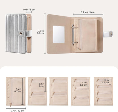 Travel Jewelry Organizer Case, Portable Jewelry Storage Book Portfolio Binder with Zipper Velvet Pouch for Women -Beige