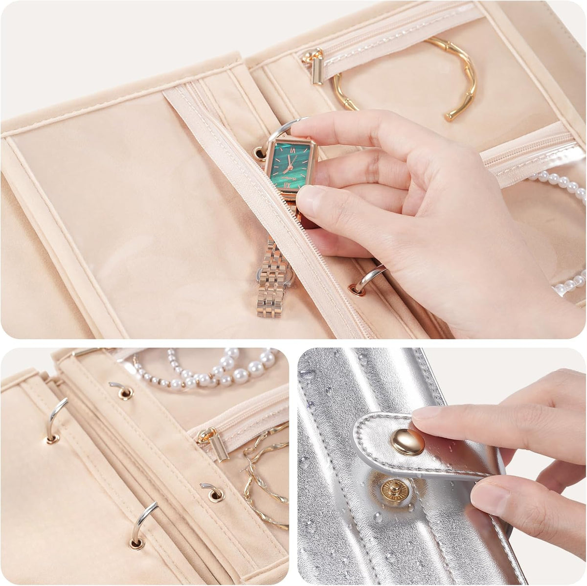 Travel Jewelry Organizer Case, Portable Jewelry Storage Book Portfolio Binder with Zipper Velvet Pouch for Women -Beige