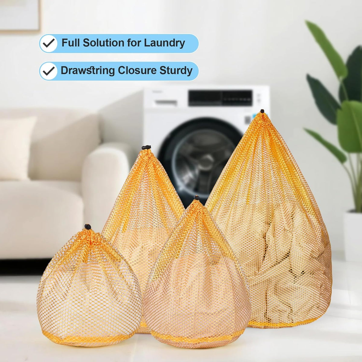 Mesh Laundry Bags Washing Machine Mesh Wash Bags for Clothes,Underwear,Lingerie, Bed Linen with Drawstring Closure Sturdy(4 Size, Yellow)