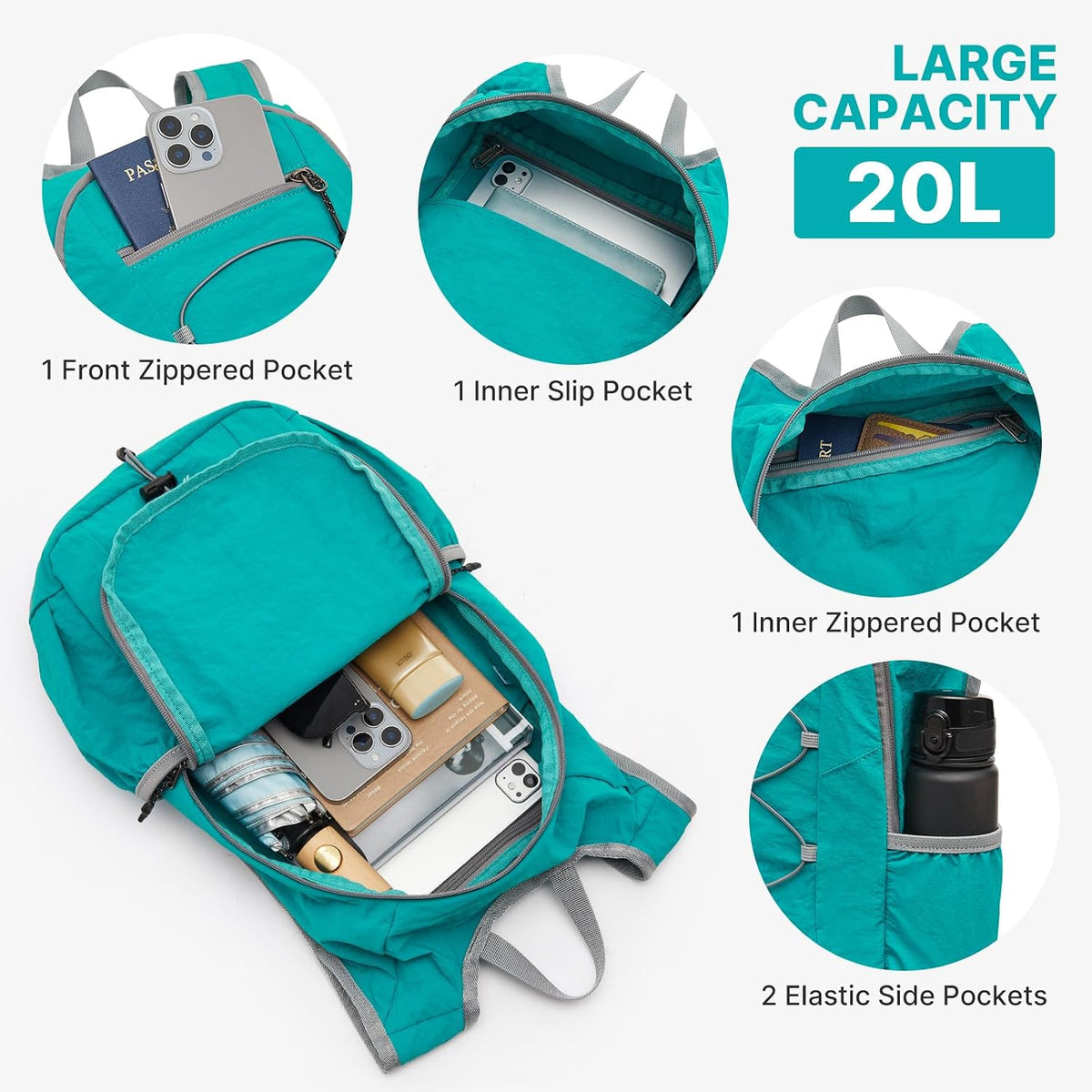 20L Lightweight Packable Hiking Backpack for Women Men | Small Water Resistant Foldable Daypack with Phone Pocket for Travel Camping Outdoor