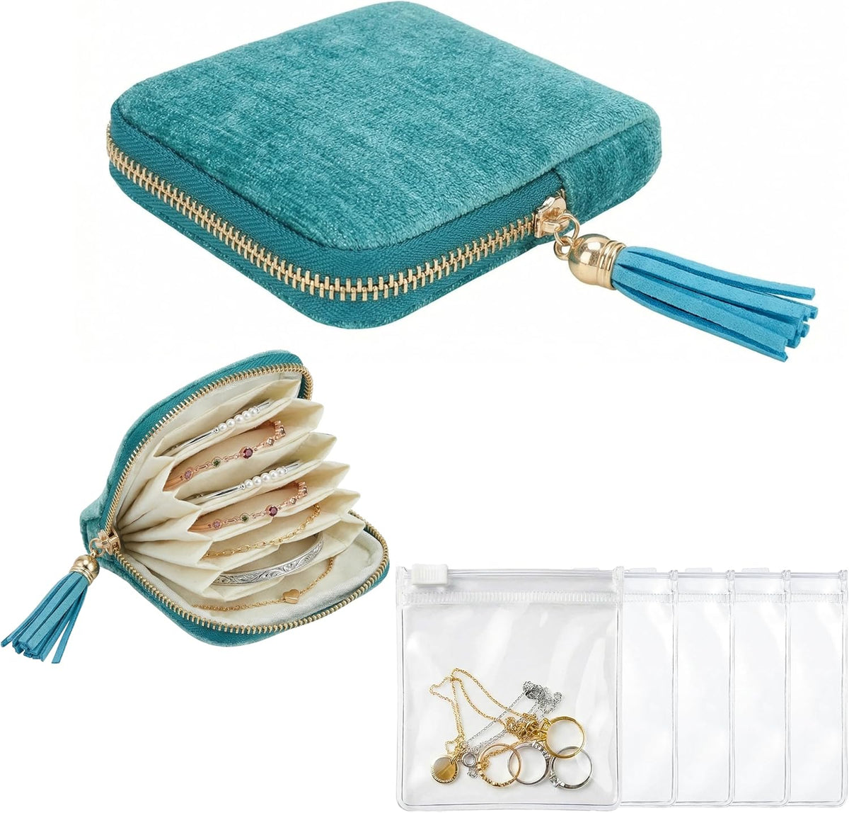Travel Jewelry Case Organizer, 6-Layer Soft Pouch for Women | Scratch-protection velvet, purse-friendly. Stores bracelets, necklaces, rings & earrings. Peacock blue. Great travel gift.