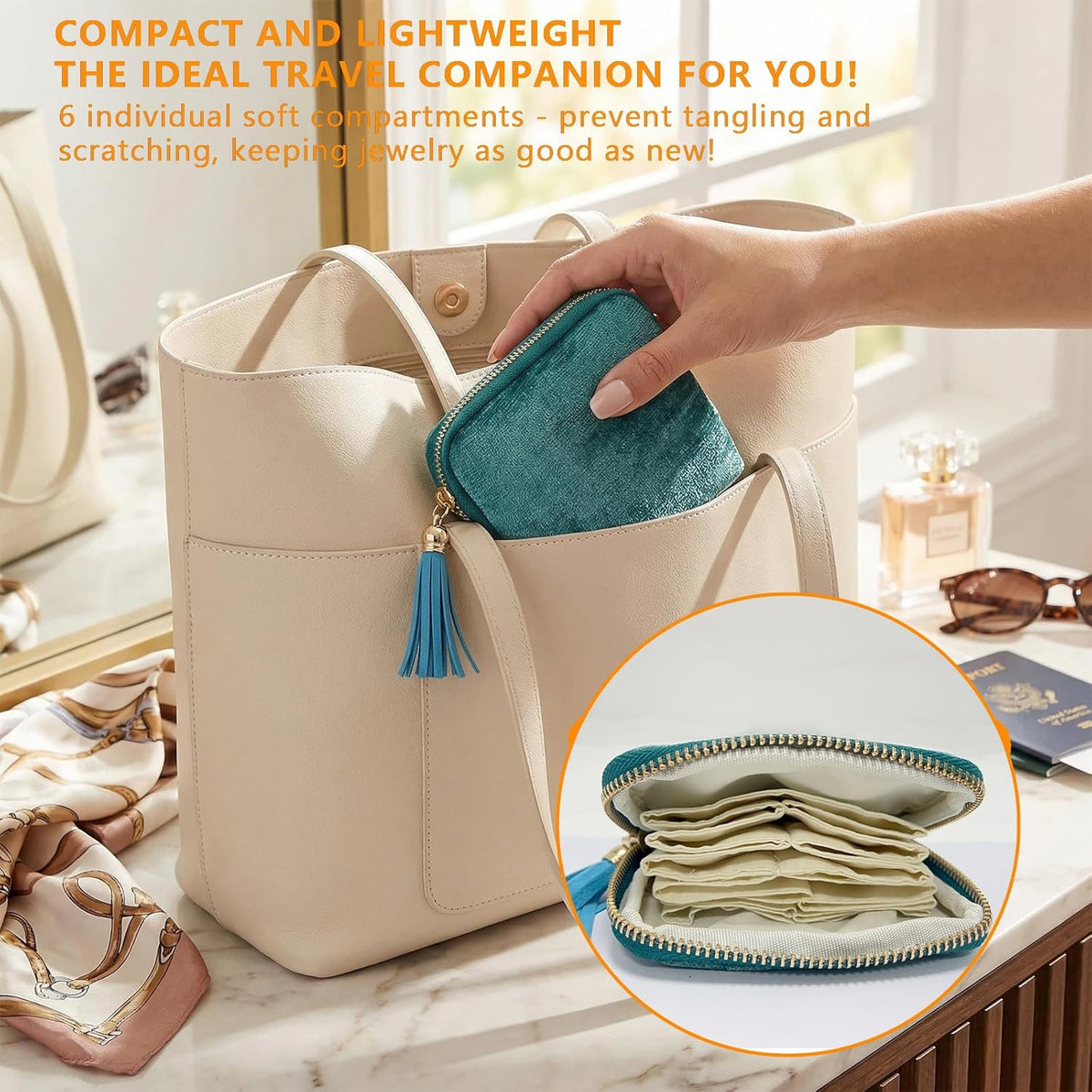 Travel Jewelry Case Organizer, 6-Layer Soft Pouch for Women | Scratch-protection velvet, purse-friendly. Stores bracelets, necklaces, rings & earrings. Peacock blue. Great travel gift.